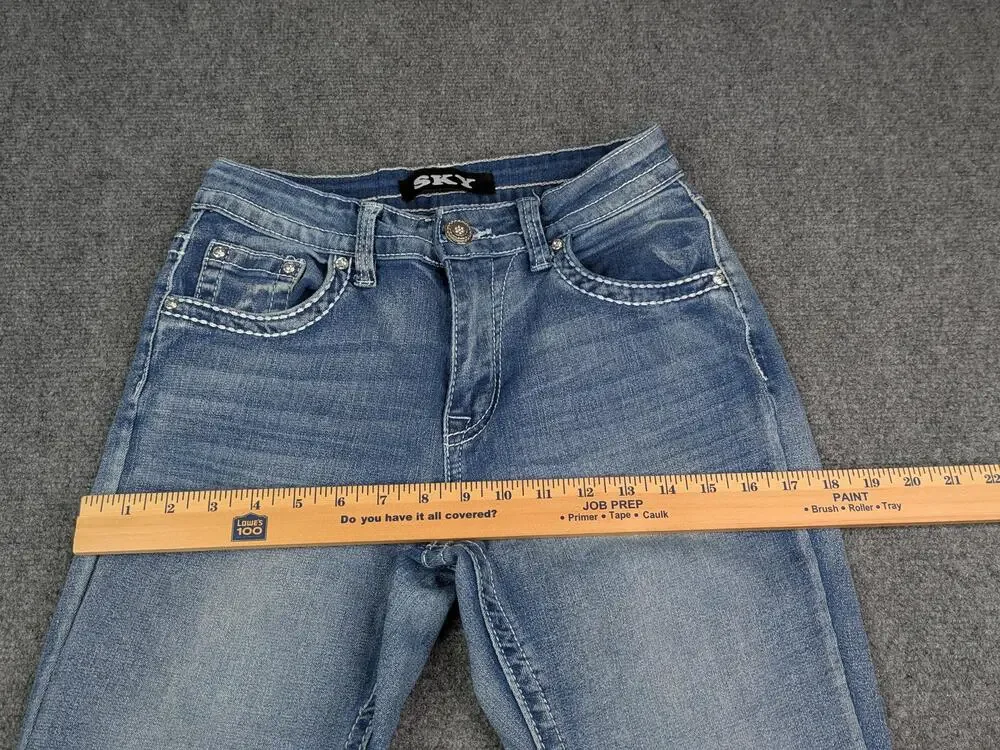 Sky Jeans Juniors 7/8 Blue Flare Low Rise Sparkle Butt Rhinestone Embroidered